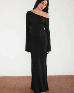 Motel Rocks Day Dresses | Bodycon Dresses-Aldiana Long Sleeve Asymmetric Maxi Dress in Sheer Knit Black