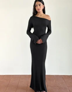 Motel Rocks Day Dresses | Bodycon Dresses-Aldiana Long Sleeve Asymmetric Maxi Dress in Sheer Knit Black