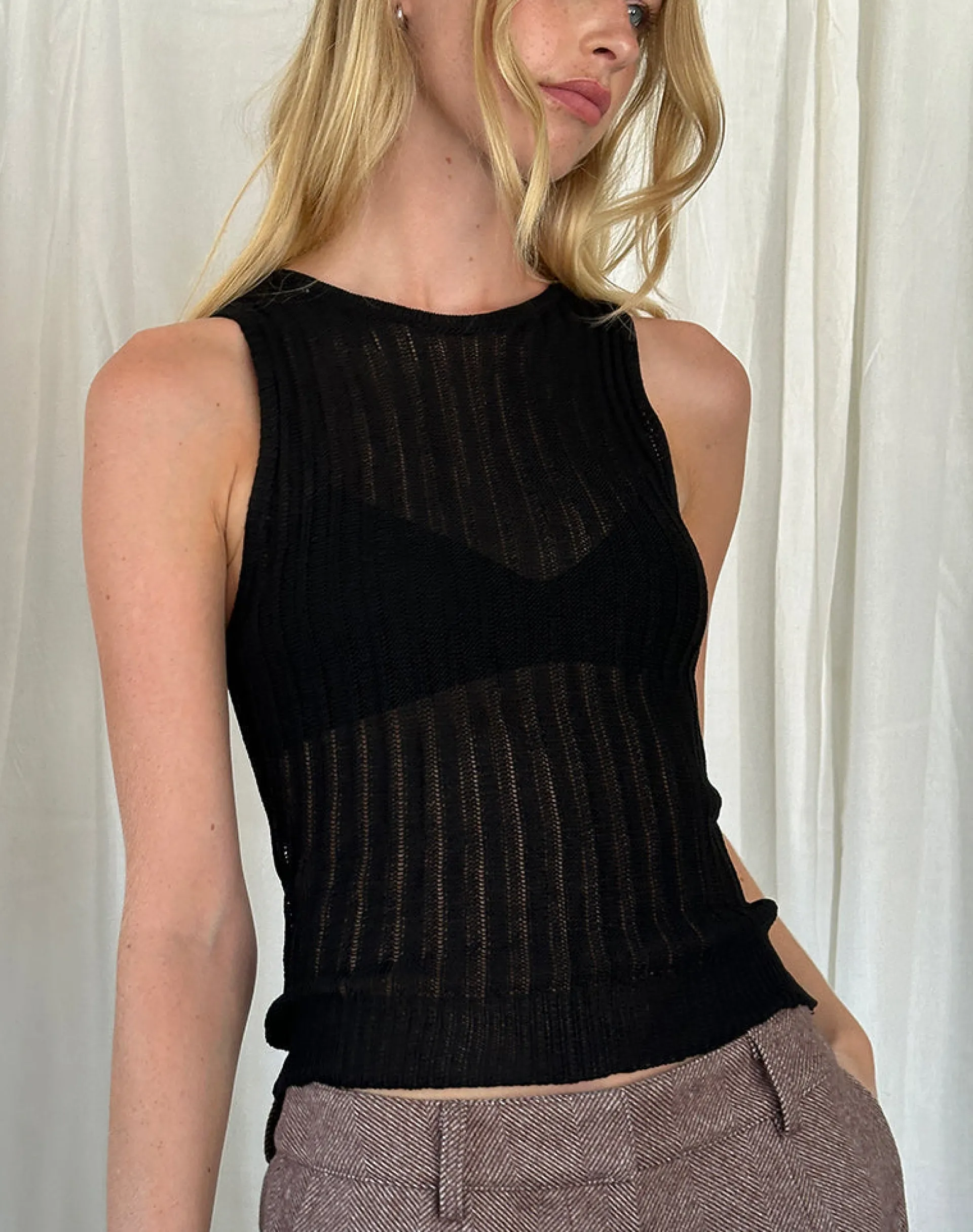 Motel Rocks Vest Tops-Alessia Vest Top in Wide Rib Knit Black