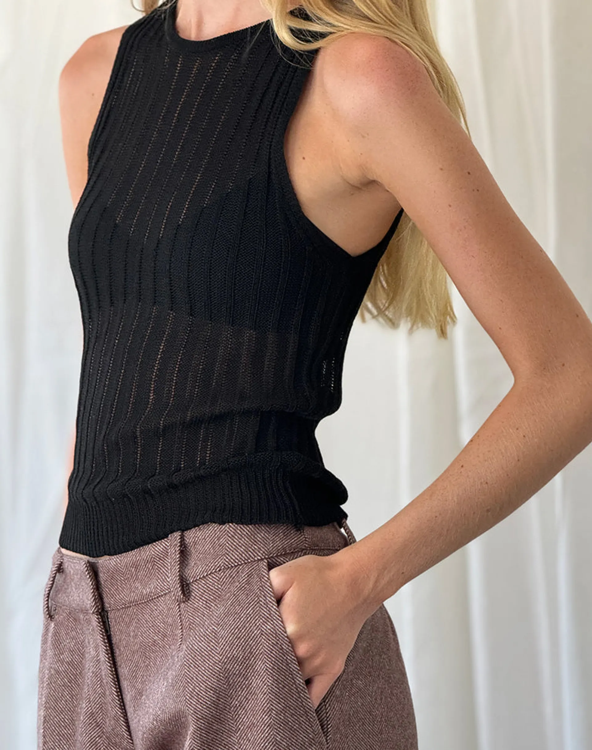Motel Rocks Vest Tops-Alessia Vest Top in Wide Rib Knit Black