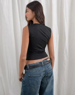 Motel Rocks Basic Tops | Strappy Tops-Alexia Square Neck Buckle Top in Black