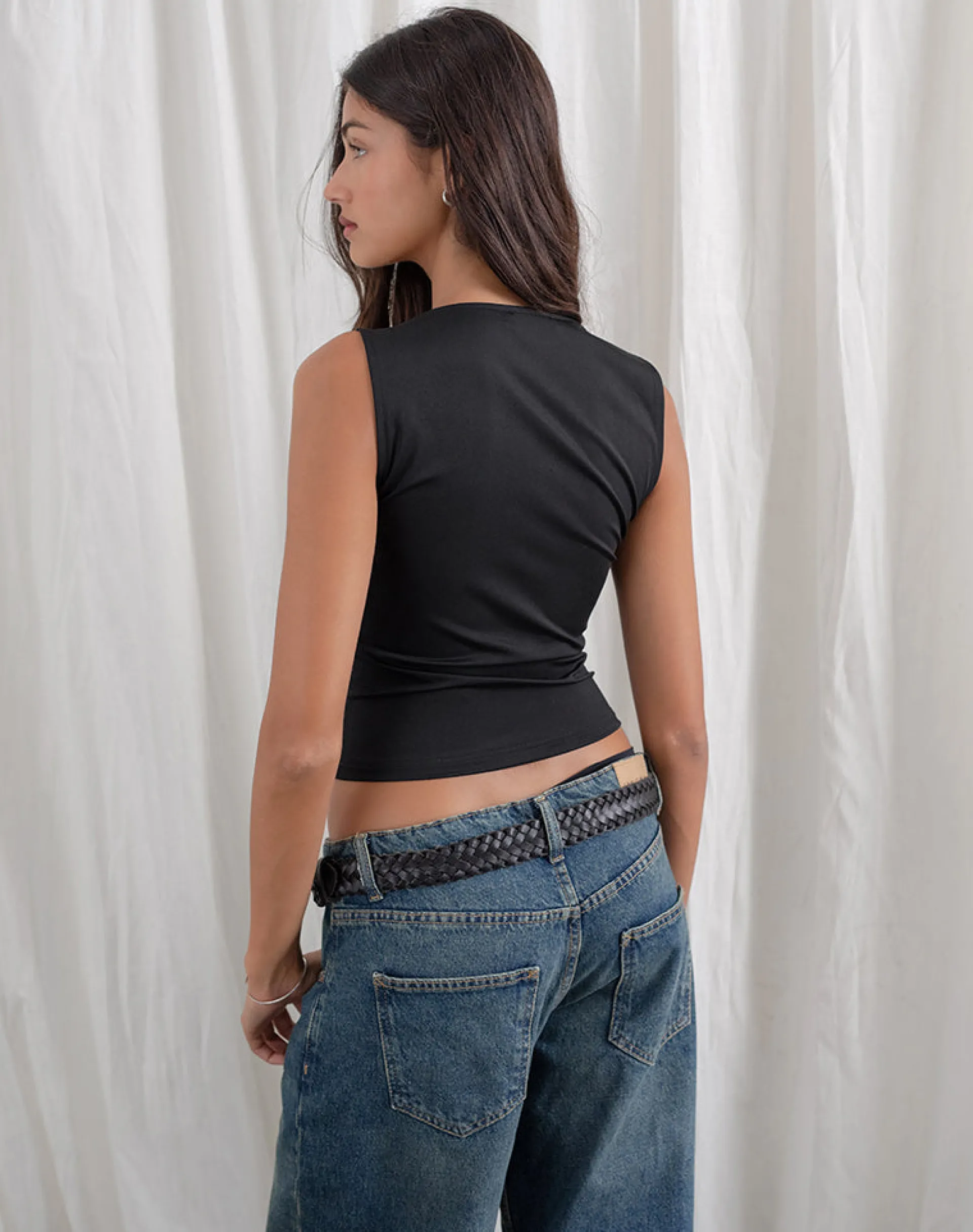 Motel Rocks Basic Tops | Strappy Tops-Alexia Square Neck Buckle Top in Black