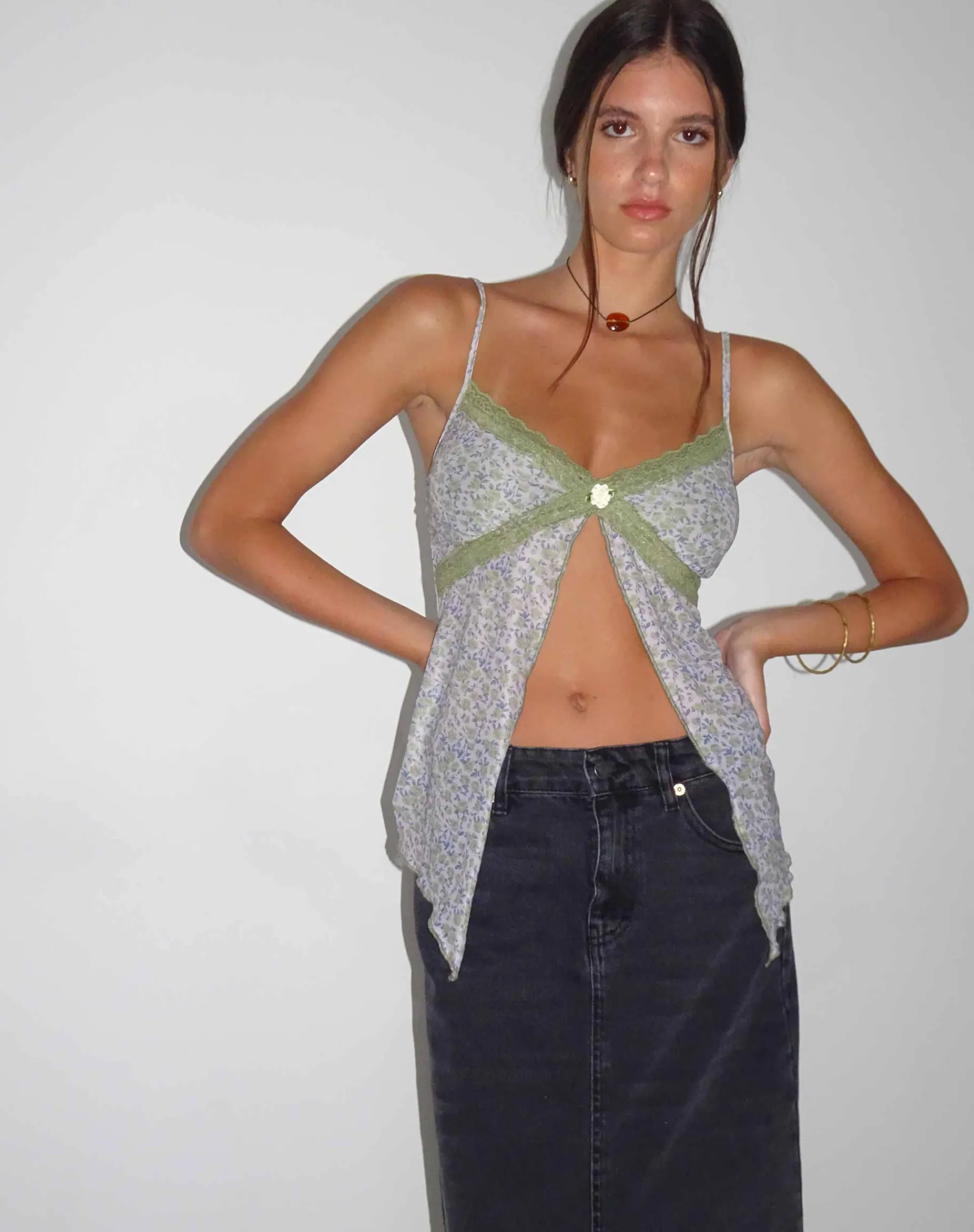 Motel Rocks Vest Tops | Printed Tops-Aliqa Mesh Butterfly Top in Spring Rose Green SpringRoseGreen