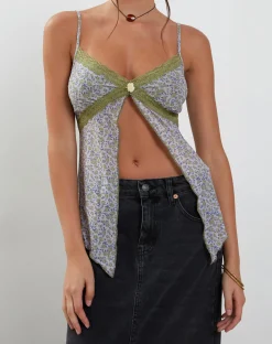 Motel Rocks Vest Tops | Printed Tops-Aliqa Mesh Butterfly Top in Spring Rose Green SpringRoseGreen