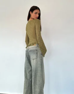 Motel Rocks Long Sleeve Tops-Allegra Long Sleeve Top in Textured Moss Green Lace
