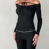 Motel Rocks Long Sleeve Tops-Alondra Long Sleeve Tie Front Top in Textured Black