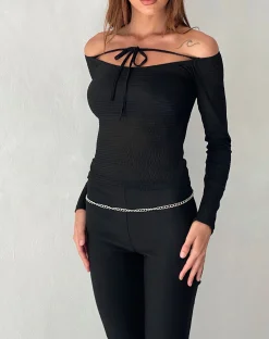 Motel Rocks Long Sleeve Tops-Alondra Long Sleeve Tie Front Top in Textured Black