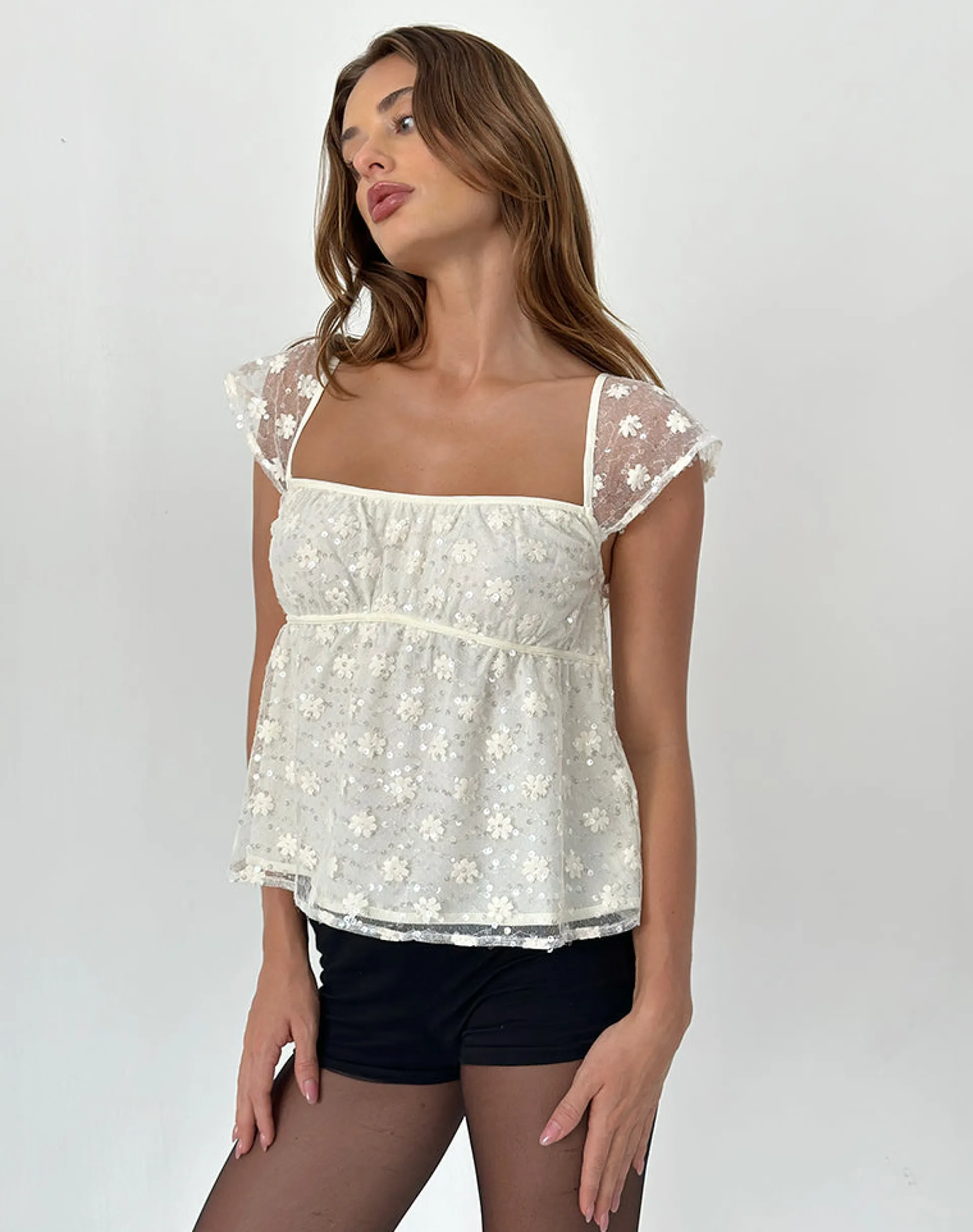 Motel Rocks Sequin Tops | Going Out Tops-Aloysia Top in Sequin Lace Ivory