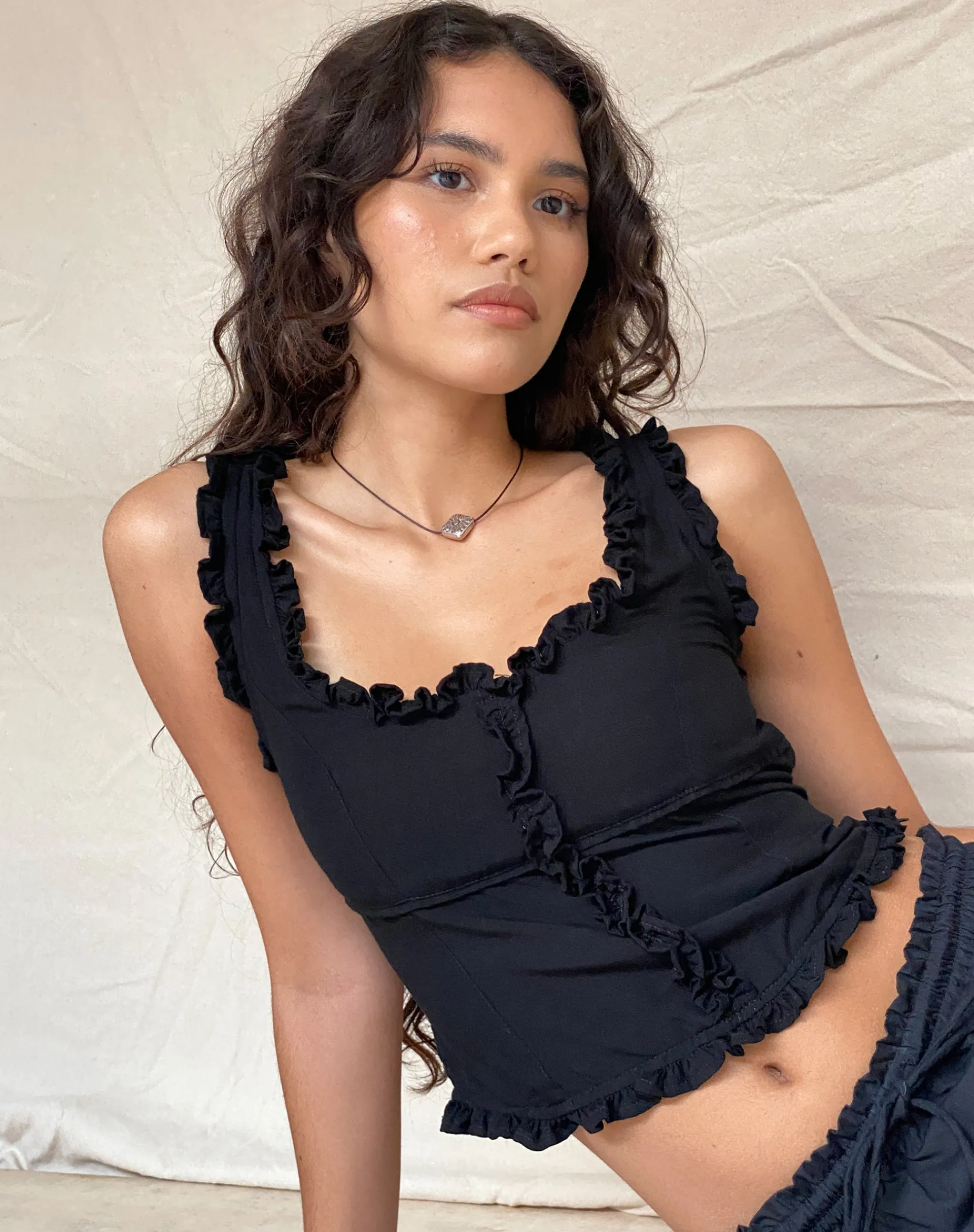 Motel Rocks Vest Tops-Alsa Ruffle Edge Top in Black