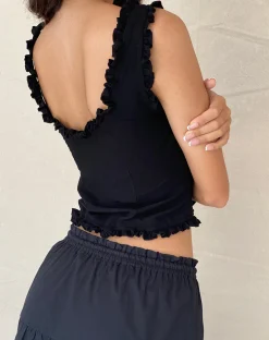 Motel Rocks Vest Tops-Alsa Ruffle Edge Top in Black