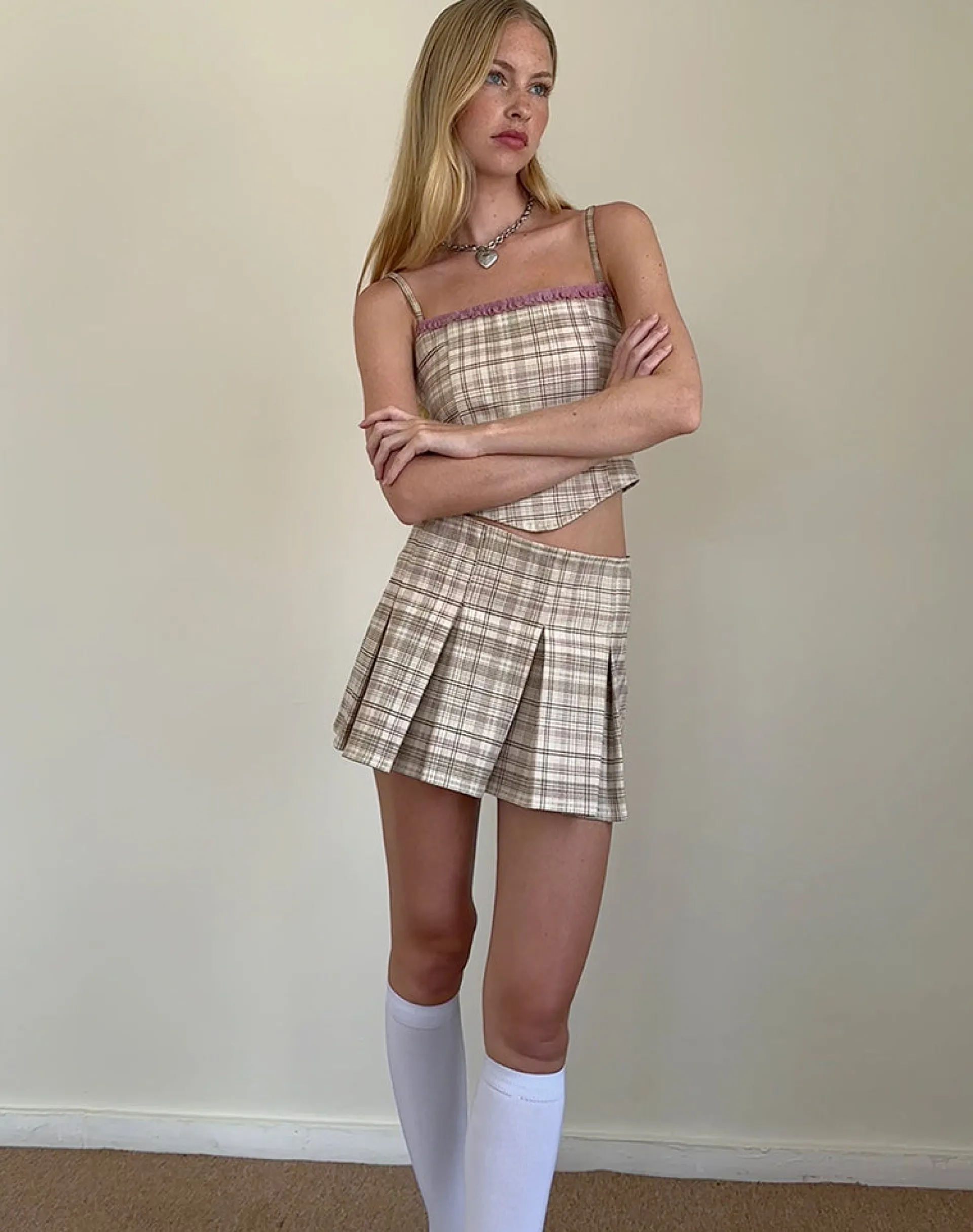 Motel Rocks Co-Ords | Pleated Skirts-Alula Mini Skirt in Cream Pastel Check CreamPastelCheck