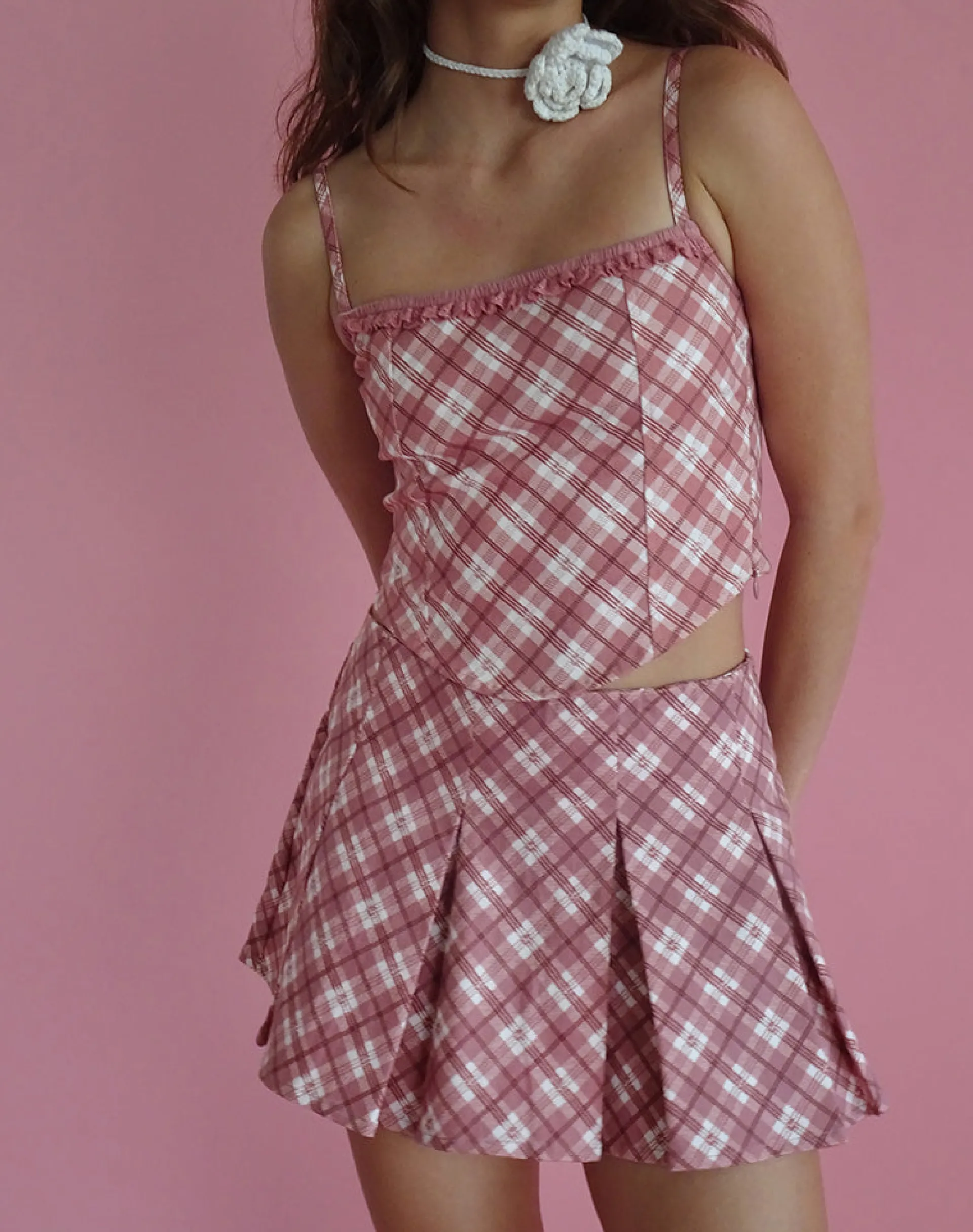 Motel Rocks Co-Ords | Pleated Skirts-Alula Pleated Mini Skirt in Pink Tartan PinkTartan