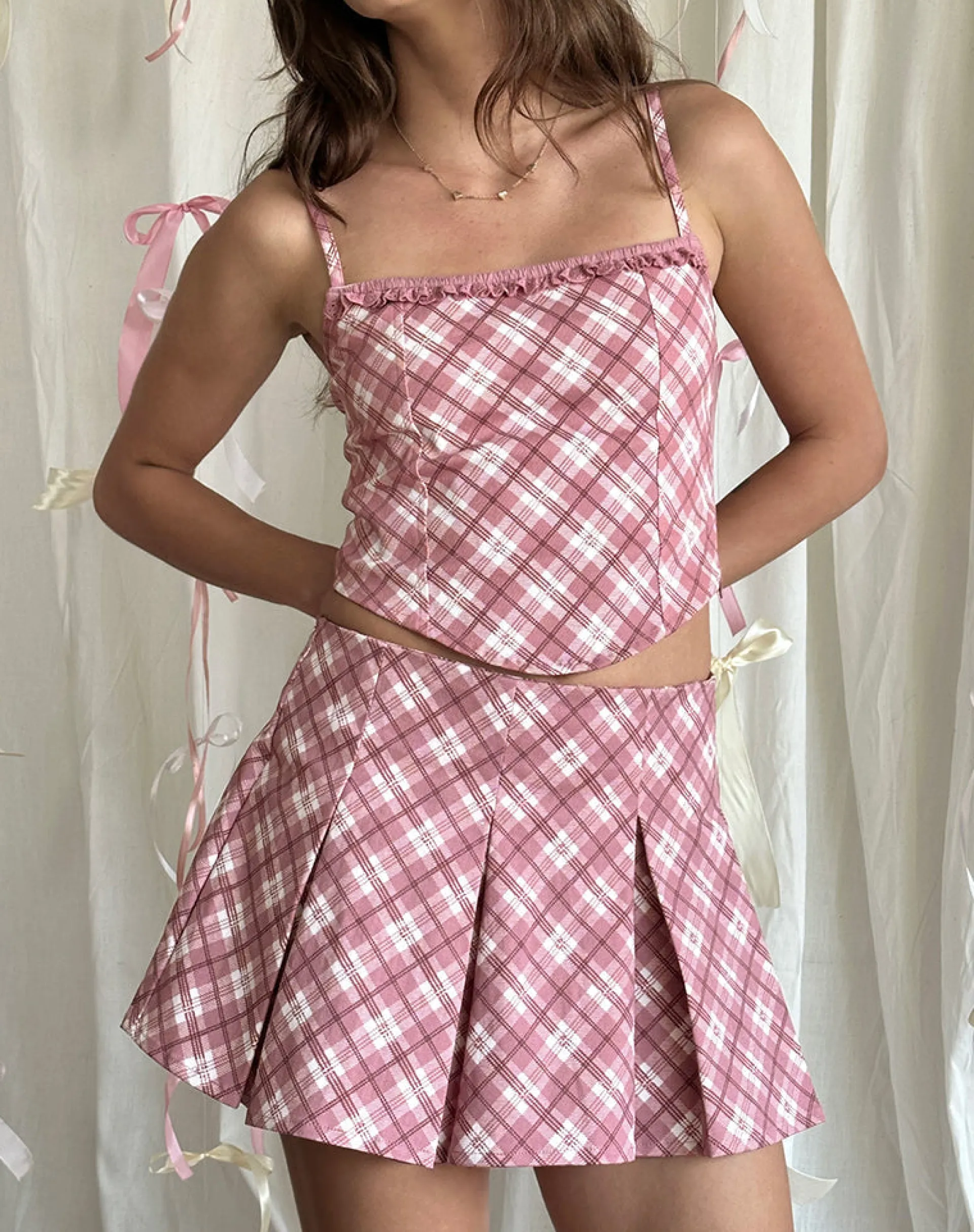 Motel Rocks Co-Ords | Pleated Skirts-Alula Pleated Mini Skirt in Pink Tartan PinkTartan