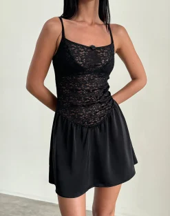 Motel Rocks Little Black Dresses | Party Dresses-Alunan Slip Dress in Satin Lace Black