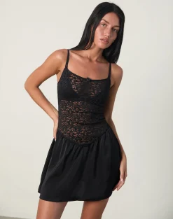 Motel Rocks Little Black Dresses | Party Dresses-Alunan Slip Dress in Satin Lace Black