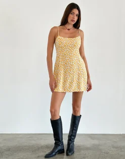Motel Rocks Day Dresses | Mini Dresses-Alvary Mini Dress in Yellow Cosmos Garden