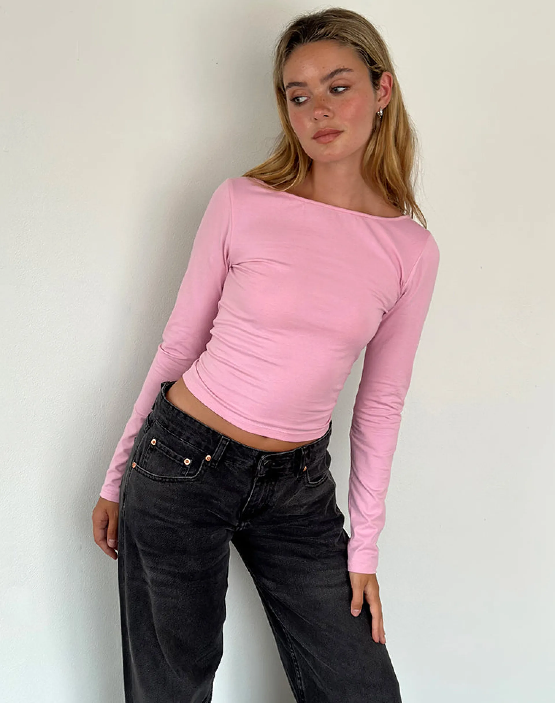 Motel Rocks Basics | Basic Tops-Amabon Long Sleeve Top in Flamingo Pink FlamingoPink