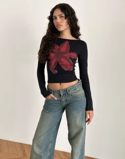 Motel Rocks Printed Tops | Long Sleeve Tops-Amabon Long Sleeve Top in Black with Burgundy Painted Flower BlackwithBurgundyPaintedFlower