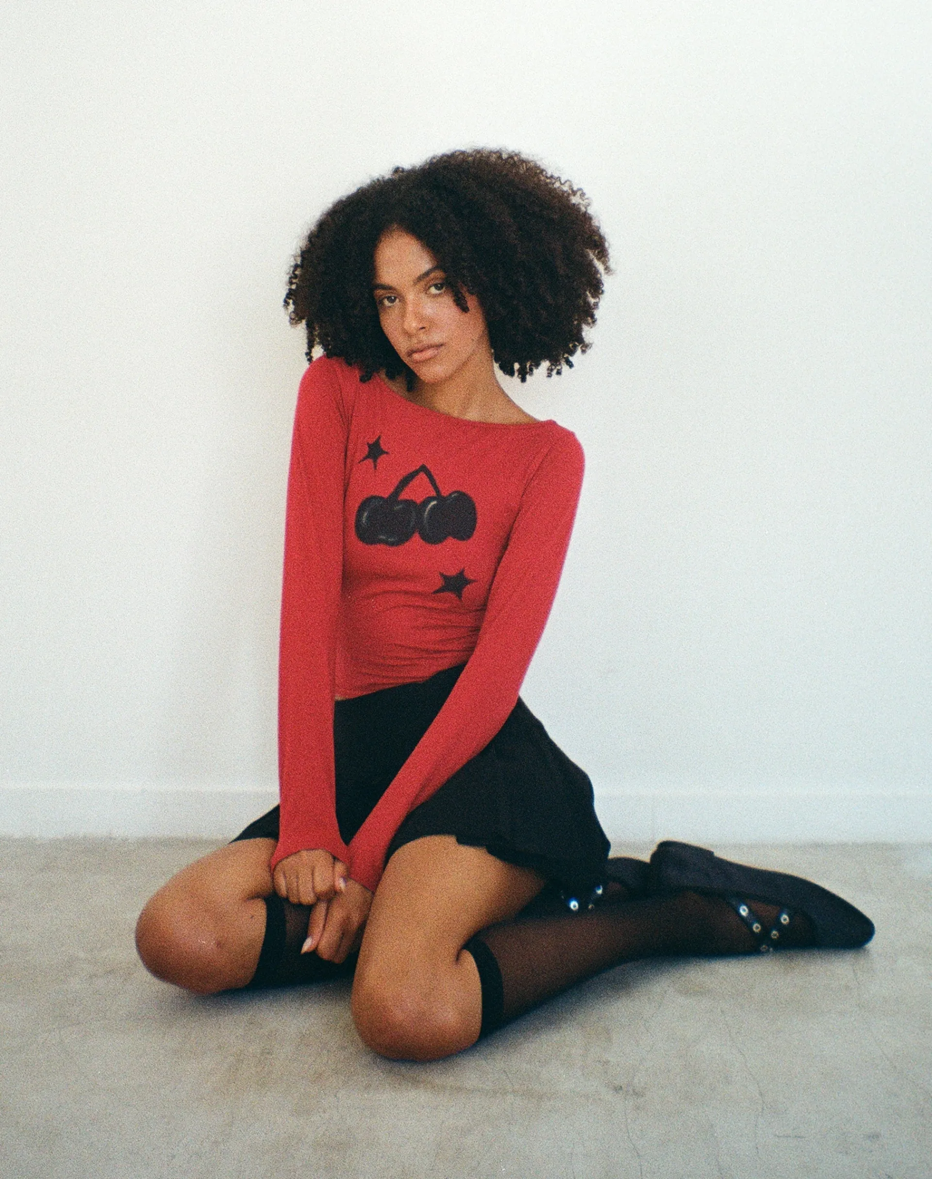 Motel Rocks Printed Tops | Long Sleeve Tops-Amabon Long Sleeve Top in Adrenalin Red with Cherry Print AdrenalinRedwithCherryPrint