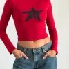Motel Rocks Basics | Basic Tops-Amabon Long Sleeve Top in Adrenaline Red with Black Star AdrenalineRedwithBlackStar