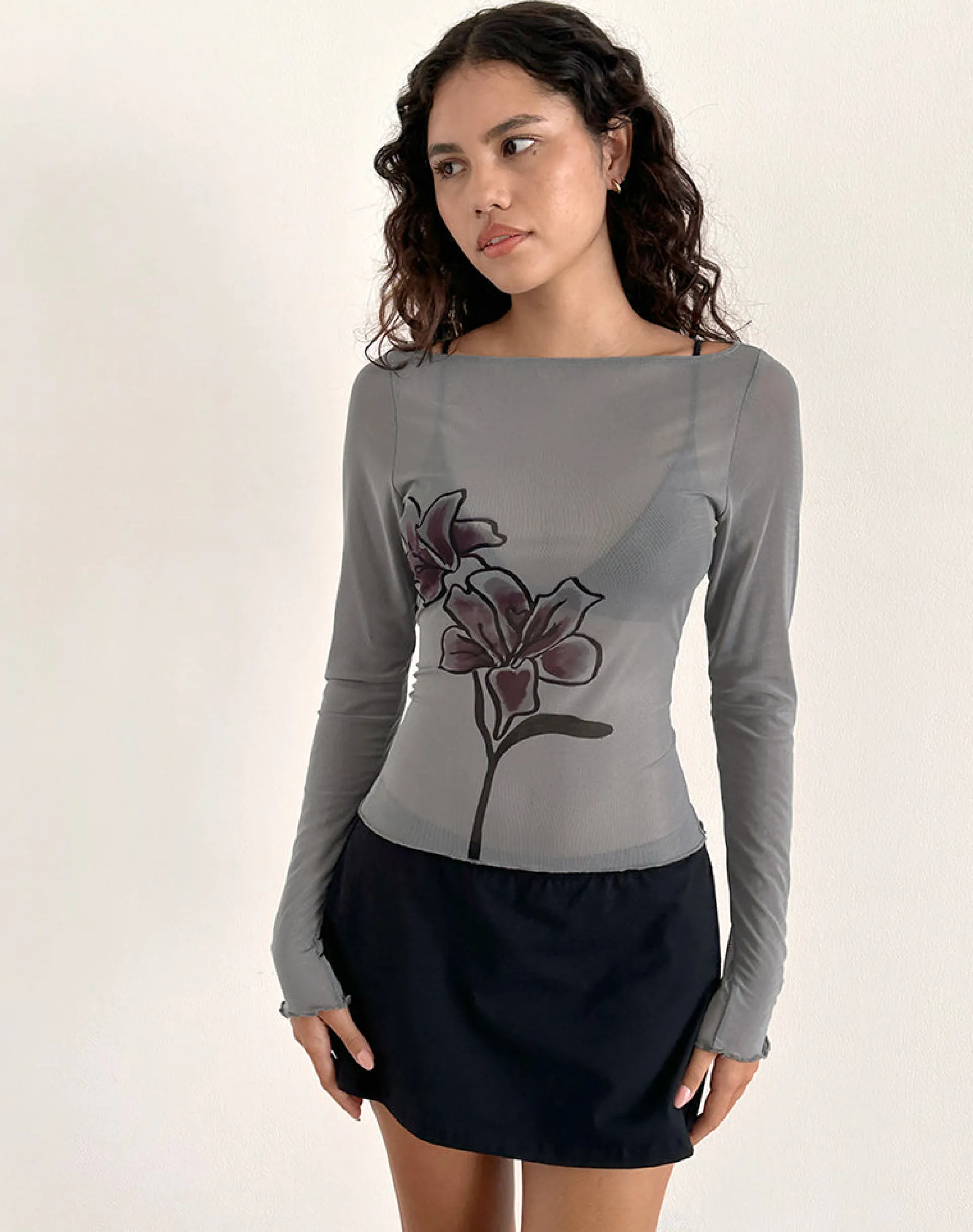 Motel Rocks Printed Tops | Long Sleeve Tops-Amabon Long Sleeve Top in Dark Grey with Burgundy Lily DarkGreywithBurgundyLily