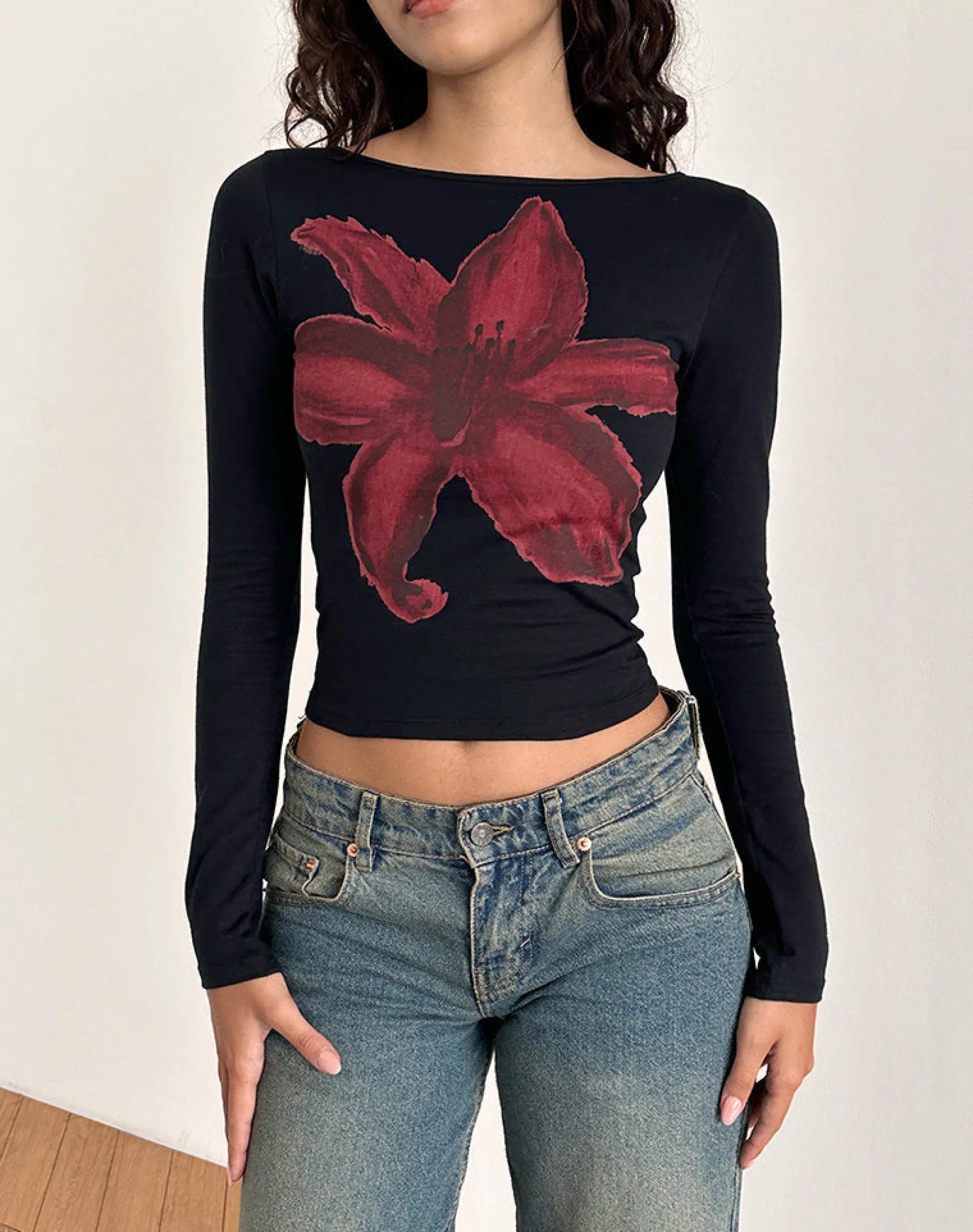 Motel Rocks Printed Tops | Long Sleeve Tops-Amabon Long Sleeve Top in Black with Burgundy Painted Flower BlackwithBurgundyPaintedFlower
