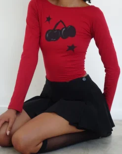 Motel Rocks Printed Tops | Long Sleeve Tops-Amabon Long Sleeve Top in Adrenalin Red with Cherry Print AdrenalinRedwithCherryPrint