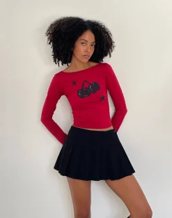 Motel Rocks Printed Tops | Long Sleeve Tops-Amabon Long Sleeve Top in Adrenalin Red with Cherry Print AdrenalinRedwithCherryPrint