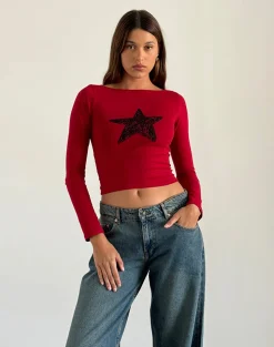 Motel Rocks Basics | Basic Tops-Amabon Long Sleeve Top in Adrenaline Red with Black Star AdrenalineRedwithBlackStar