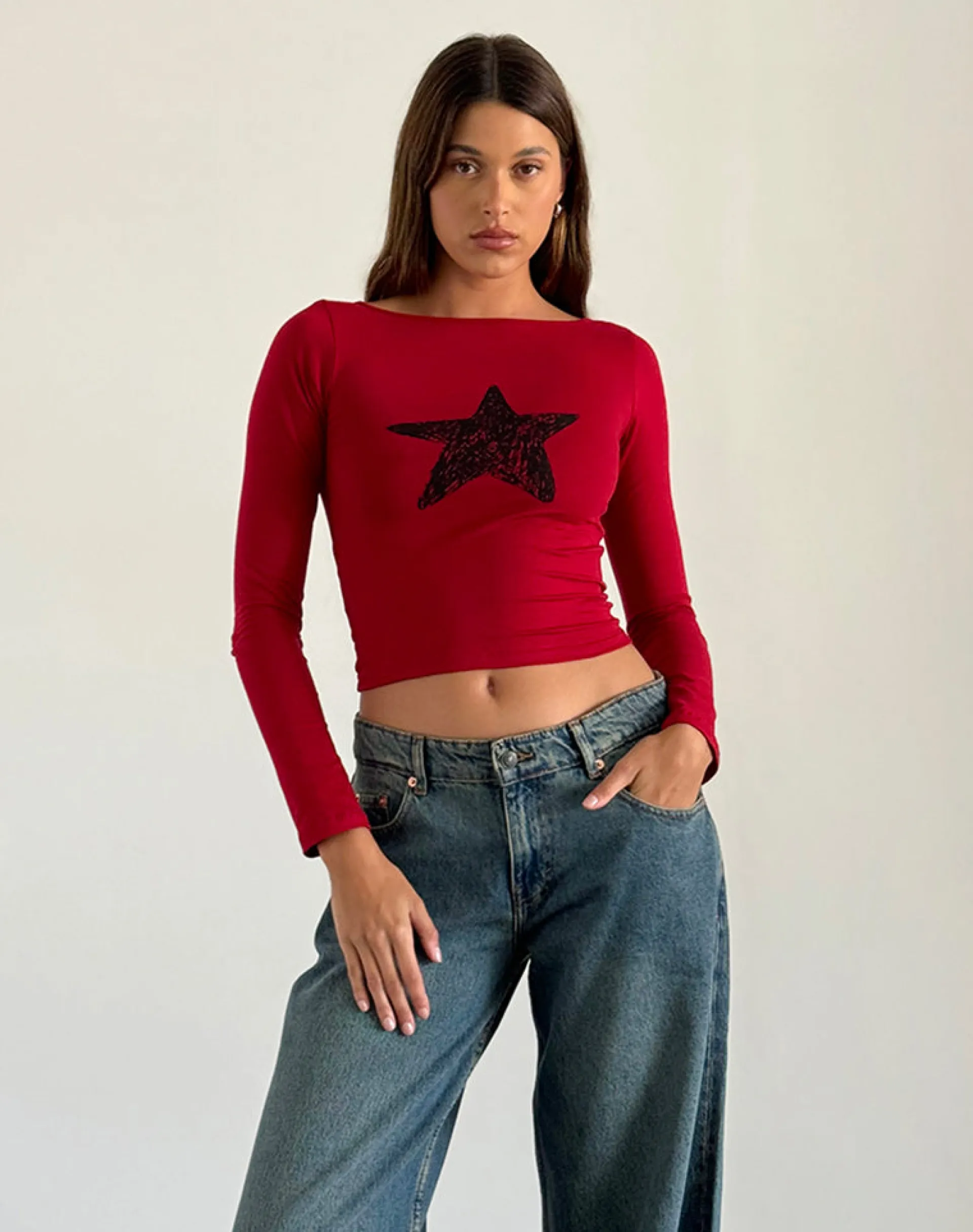 Motel Rocks Basics | Basic Tops-Amabon Long Sleeve Top in Adrenaline Red with Black Star AdrenalineRedwithBlackStar