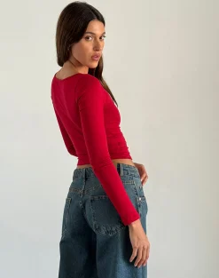 Motel Rocks Basics | Basic Tops-Amabon Long Sleeve Top in Adrenaline Red with Black Star AdrenalineRedwithBlackStar