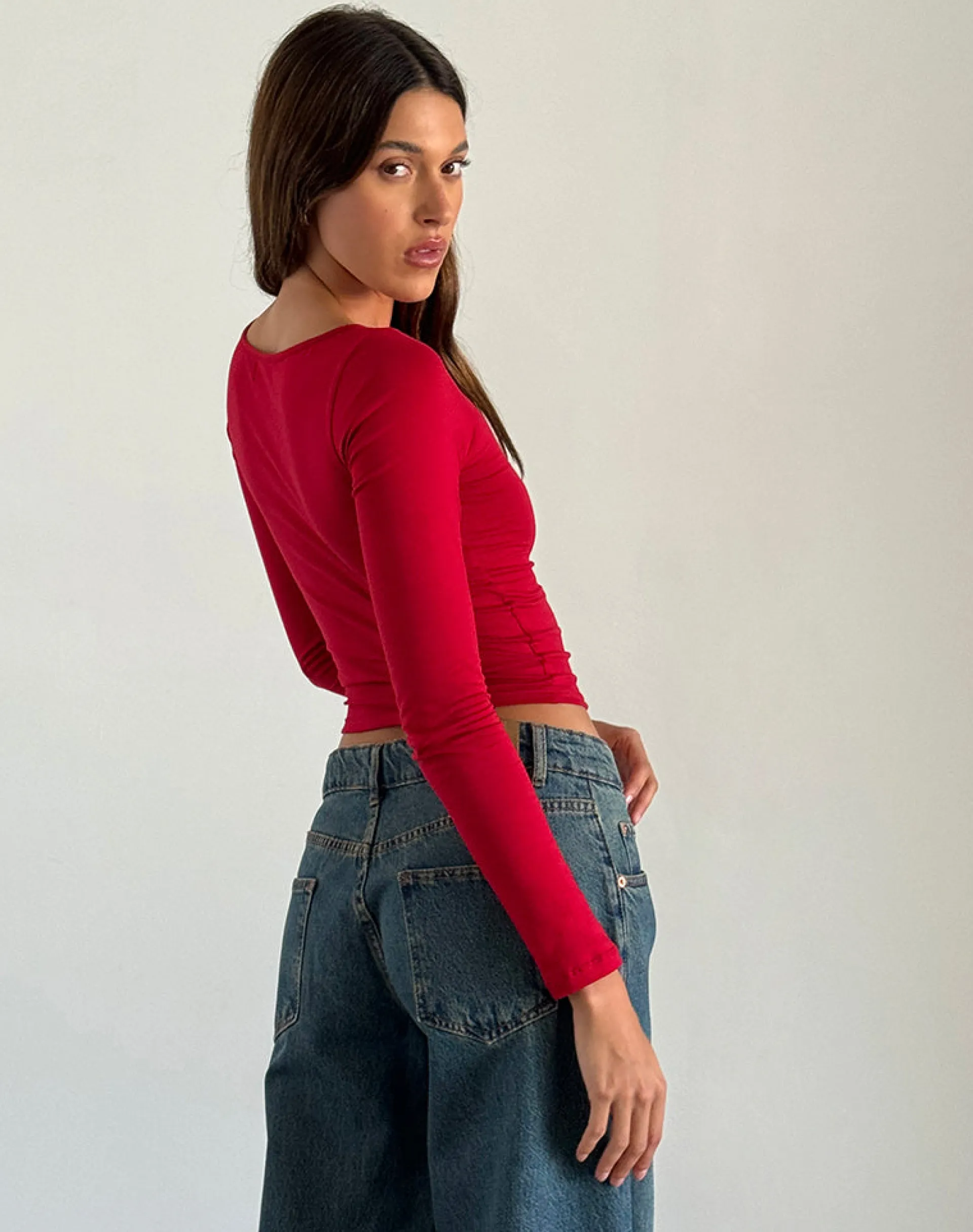 Motel Rocks Basics | Basic Tops-Amabon Long Sleeve Top in Adrenaline Red with Black Star AdrenalineRedwithBlackStar