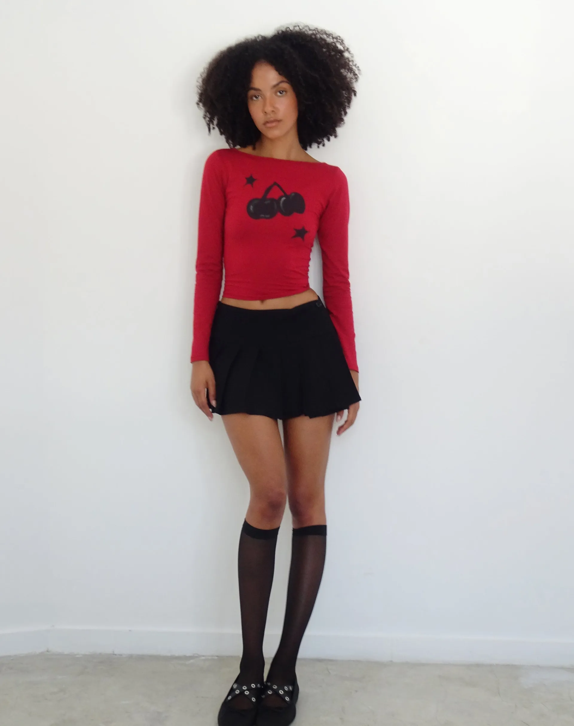 Motel Rocks Printed Tops | Long Sleeve Tops-Amabon Long Sleeve Top in Adrenalin Red with Cherry Print AdrenalinRedwithCherryPrint
