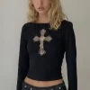 Motel Rocks Long Sleeve Tops-Amabon Top in Black with Cross Motif BlackwithCrossMotif