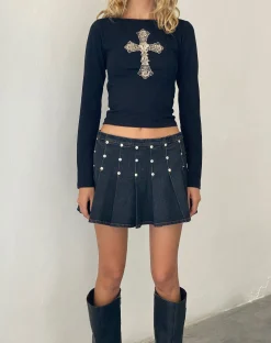 Motel Rocks Long Sleeve Tops-Amabon Top in Black with Cross Motif BlackwithCrossMotif