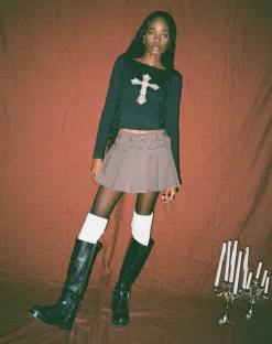 Motel Rocks Long Sleeve Tops-Amabon Top in Black with Cross Motif BlackwithCrossMotif