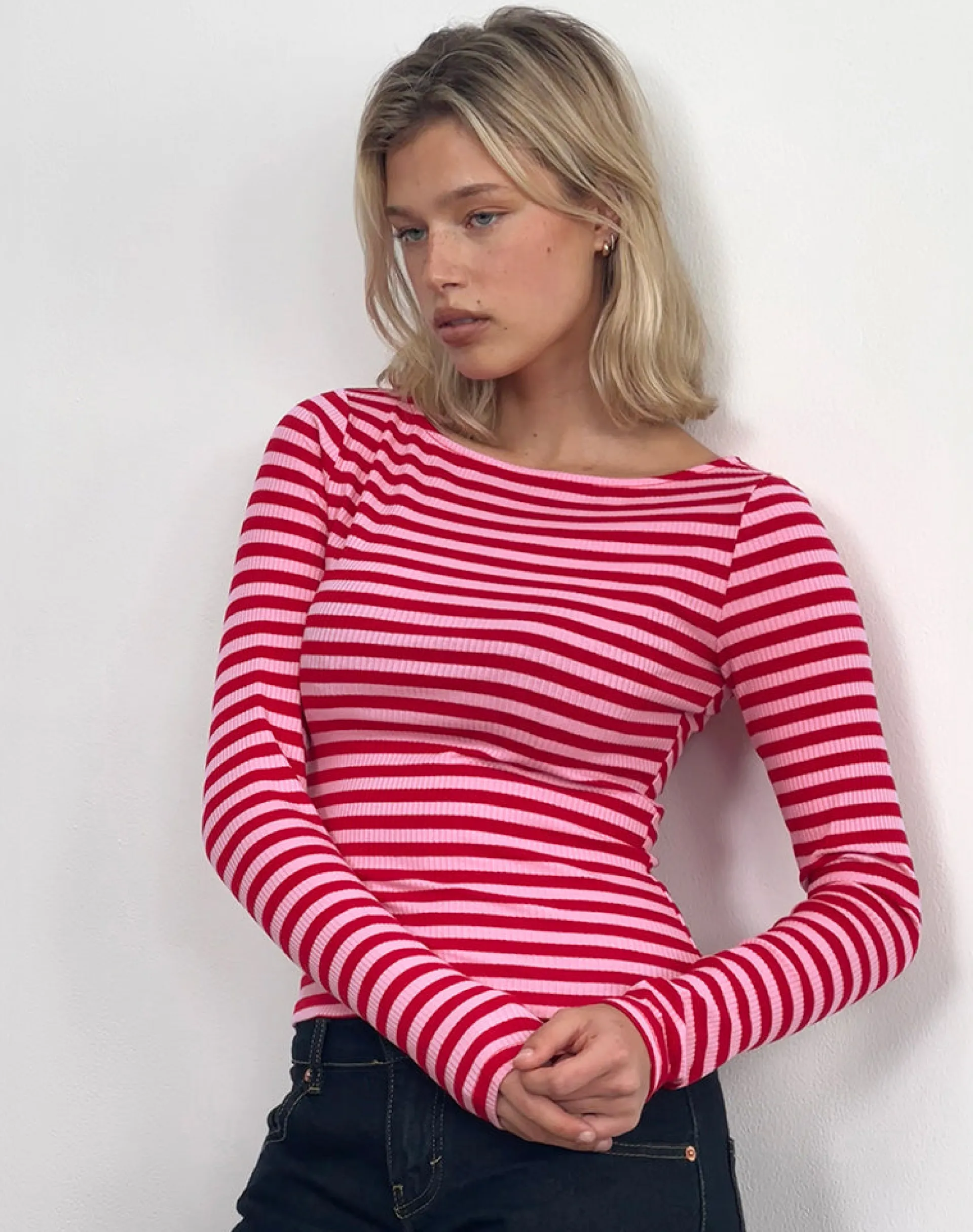 Motel Rocks Basic Tops | Printed Tops-Amabon Top in Pink and Red Stripe PinkandRedStripe