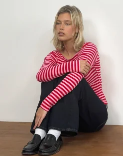 Motel Rocks Basic Tops | Printed Tops-Amabon Top in Pink and Red Stripe PinkandRedStripe