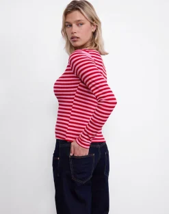 Motel Rocks Basic Tops | Printed Tops-Amabon Top in Pink and Red Stripe PinkandRedStripe