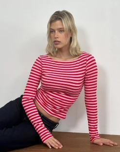 Motel Rocks Basic Tops | Printed Tops-Amabon Top in Pink and Red Stripe PinkandRedStripe