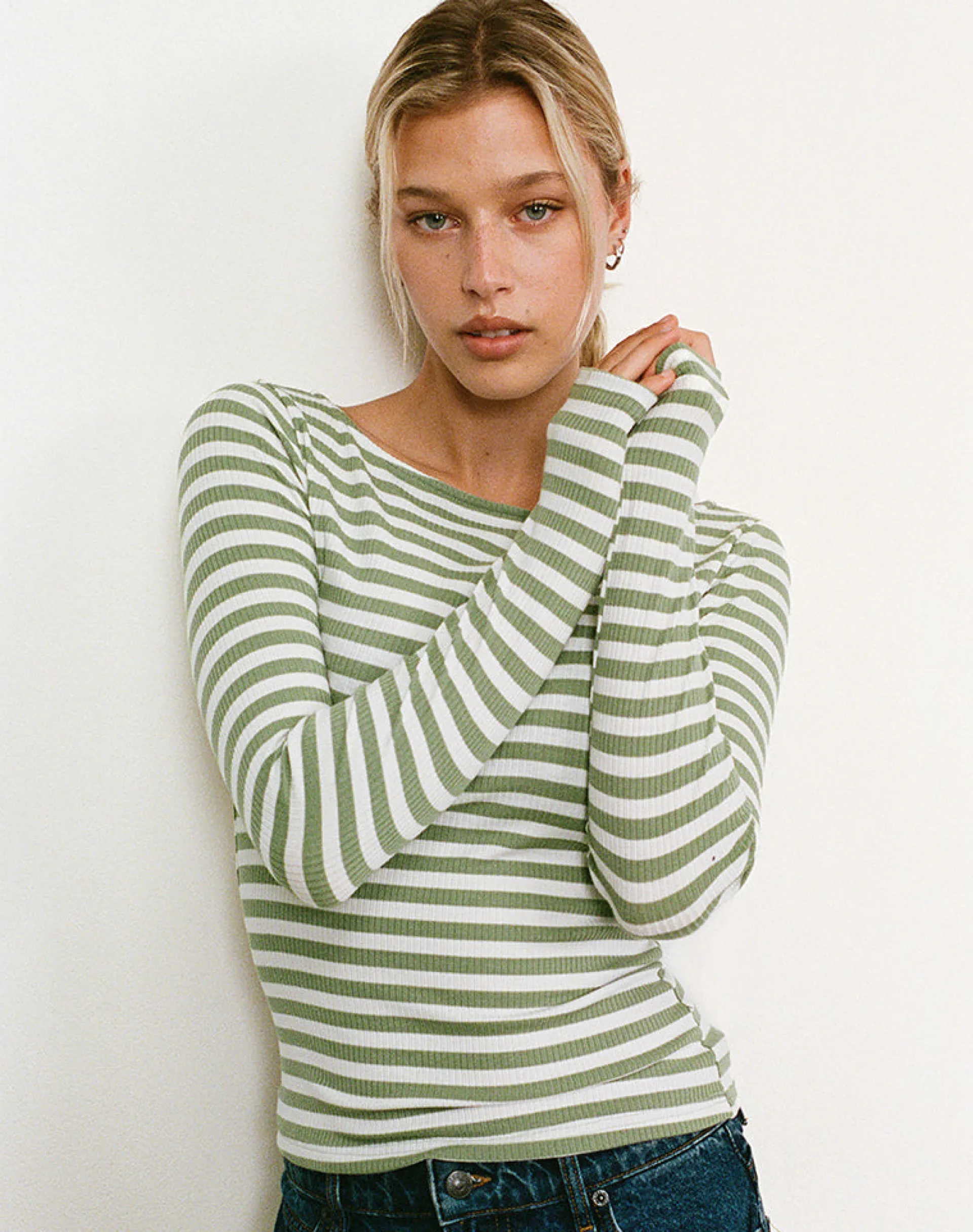 Motel Rocks Basic Tops | Long Sleeve Tops-Amabon Top in Sage Green Stripe SageGreenStripe