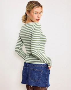 Motel Rocks Basic Tops | Long Sleeve Tops-Amabon Top in Sage Green Stripe SageGreenStripe