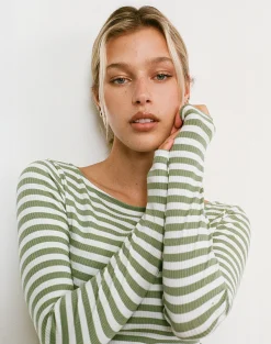 Motel Rocks Basic Tops | Long Sleeve Tops-Amabon Top in Sage Green Stripe SageGreenStripe