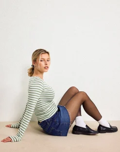 Motel Rocks Basic Tops | Long Sleeve Tops-Amabon Top in Sage Green Stripe SageGreenStripe