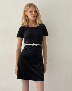 Motel Rocks Little Black Dresses | Party Dresses-Amanda Mini Dress in Black Velvet with White Trim and Bow