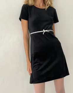 Motel Rocks Little Black Dresses | Party Dresses-Amanda Mini Dress in Black Velvet with White Trim and Bow