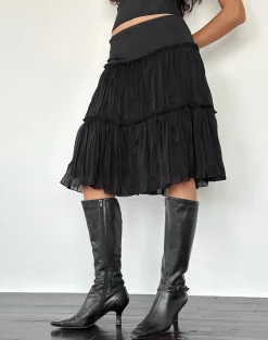 Motel Rocks Midi Skirts-Anahita Tiered Skirt in Chiffon Black ChiffonBlack
