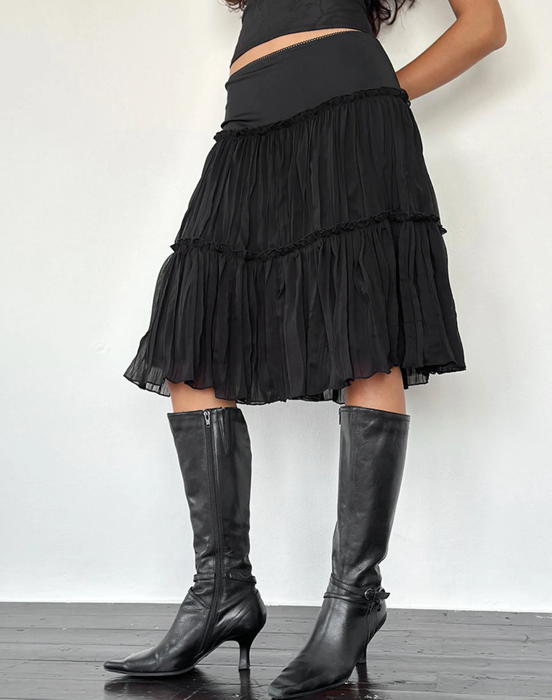 Motel Rocks Midi Skirts-Anahita Tiered Skirt in Chiffon Black ChiffonBlack