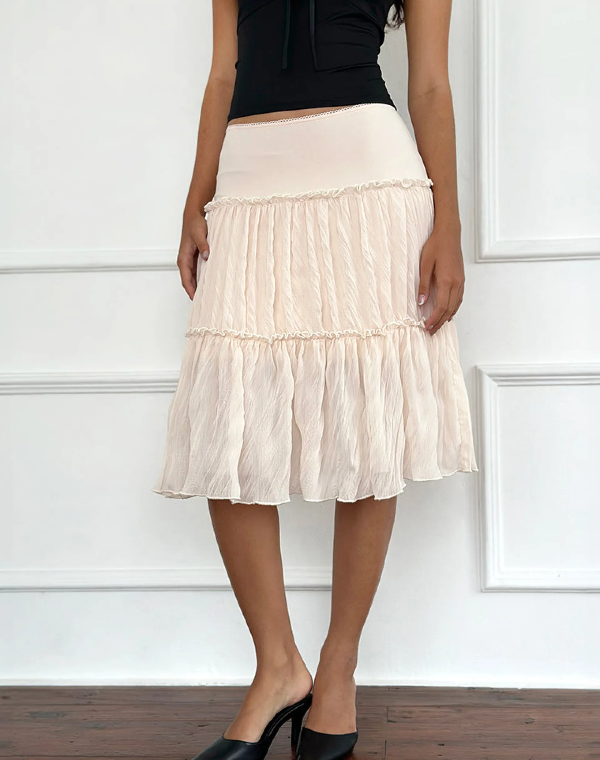 Motel Rocks Midi Skirts-Anahita Tiered Skirt in Chiffon Buttercream ChiffonButtercream