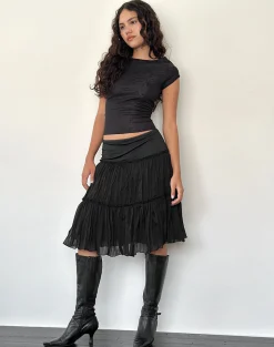 Motel Rocks Midi Skirts-Anahita Tiered Skirt in Chiffon Black ChiffonBlack